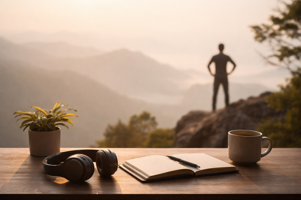 Minimal workspace with notebook, headphones, and coffee overlooking a calm mountain landscape, symbolizing deep focus and flow state.